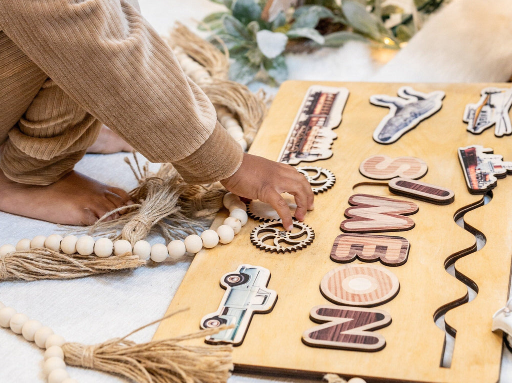 Montessori Name Puzzle with Train - Baby 1st Birthday Gift - Christian Nursery Decor - Christmas Baby Gift - Bible Promise - Boho Home Decor